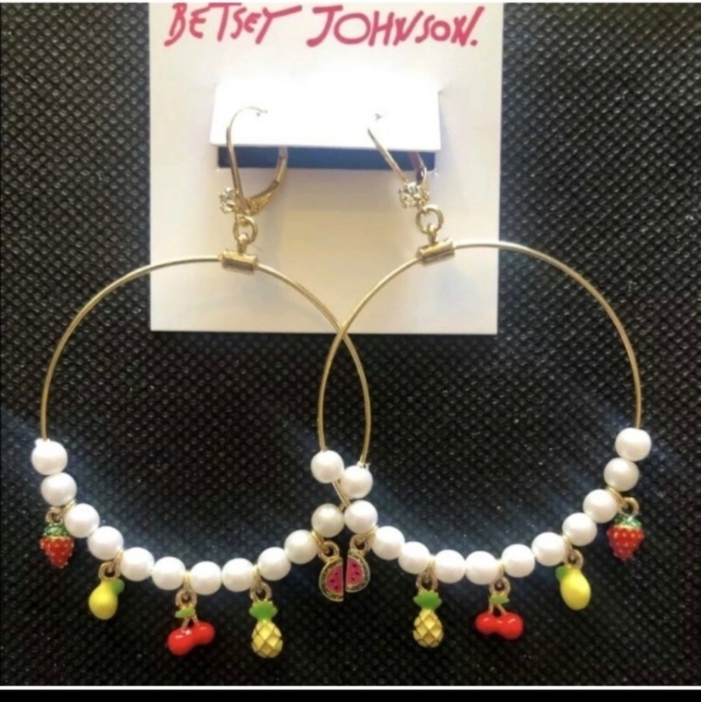 Betsey Johnson Gold✨️ Hoop Earrings with White Pearls & Colorful Fruit Charms🍓